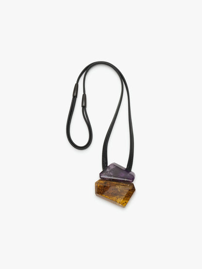 Pendant: amber, amethyst, leather