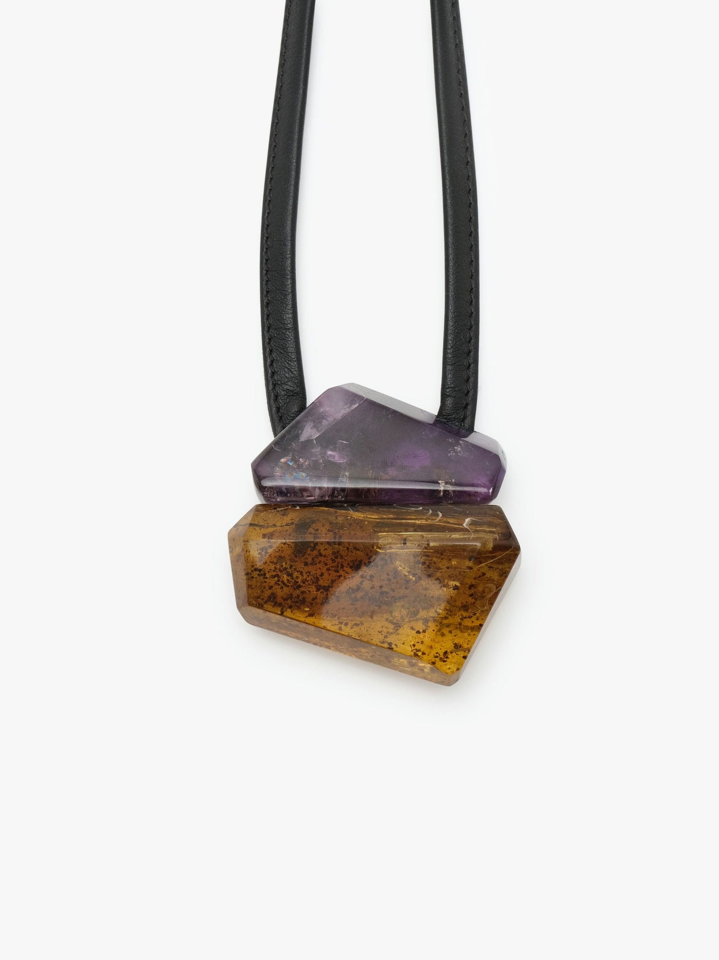 Pendant: amber, amethyst, leather