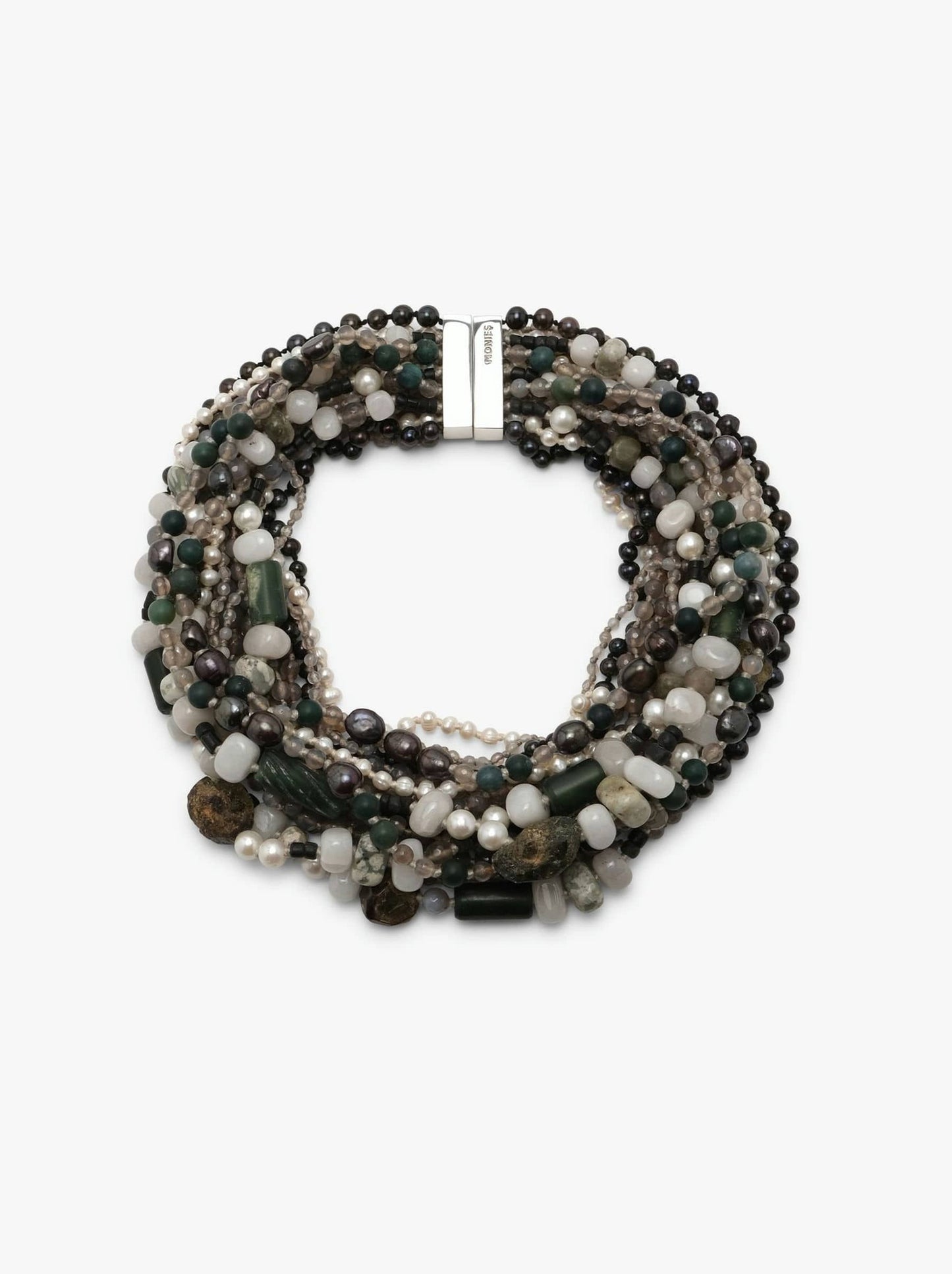 Necklace: pearls, agate, rhodonite, moonstone