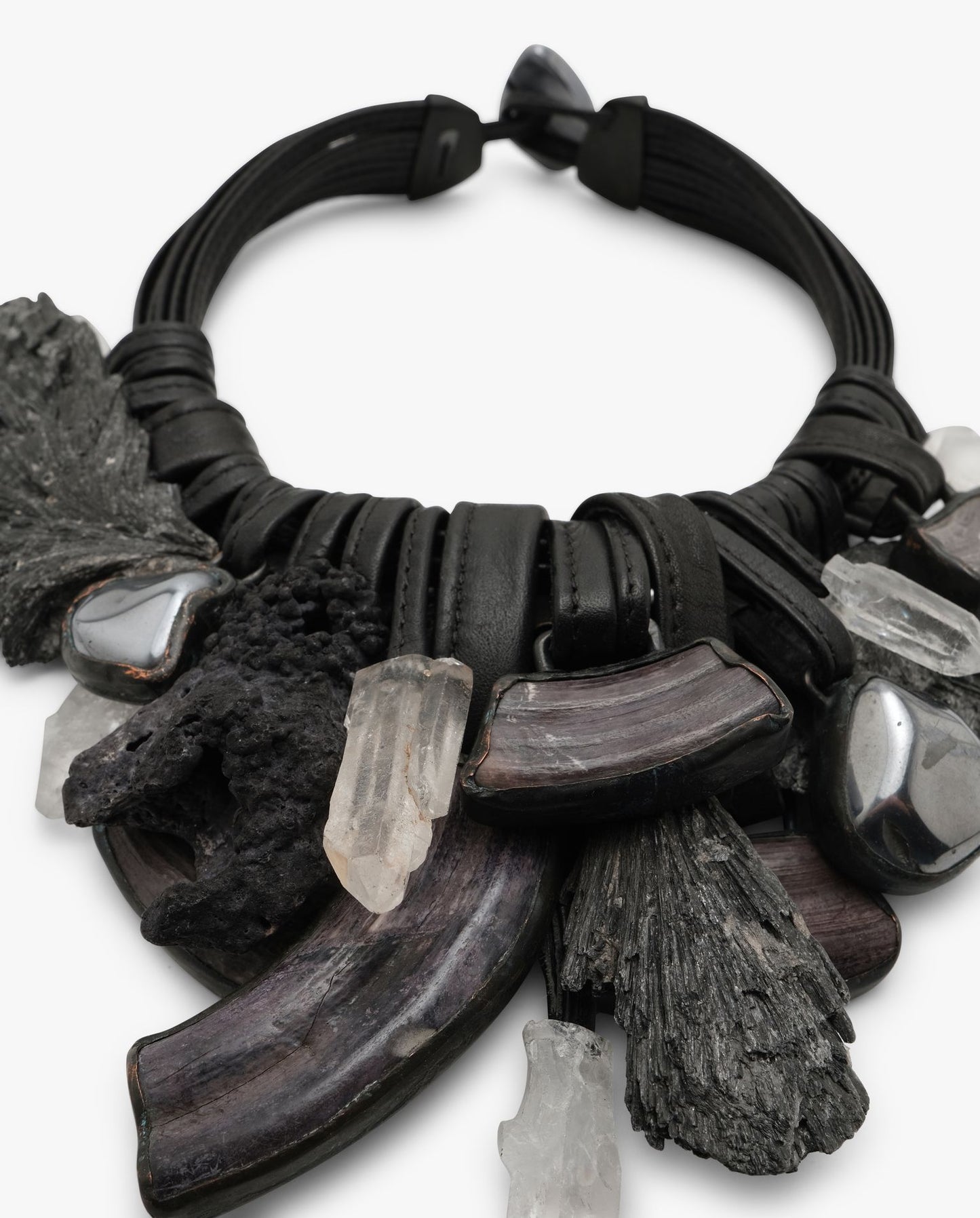 Necklace: mixed materials on leather