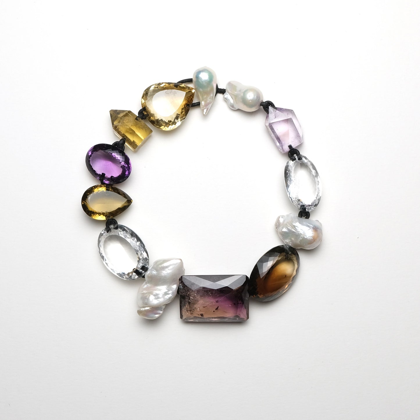 Necklace in amethyst, baroque pearls, citrine and mountain crystal