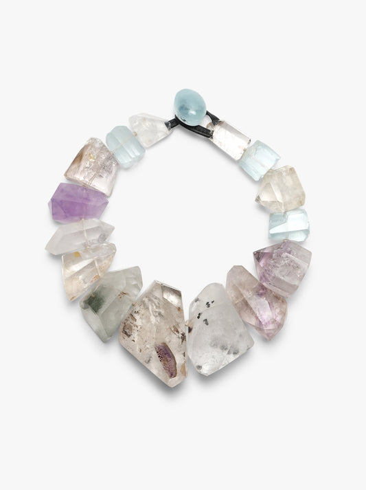 Necklace: aquamarine, amethyst, rutilated quartz, mountain crystal, Monies