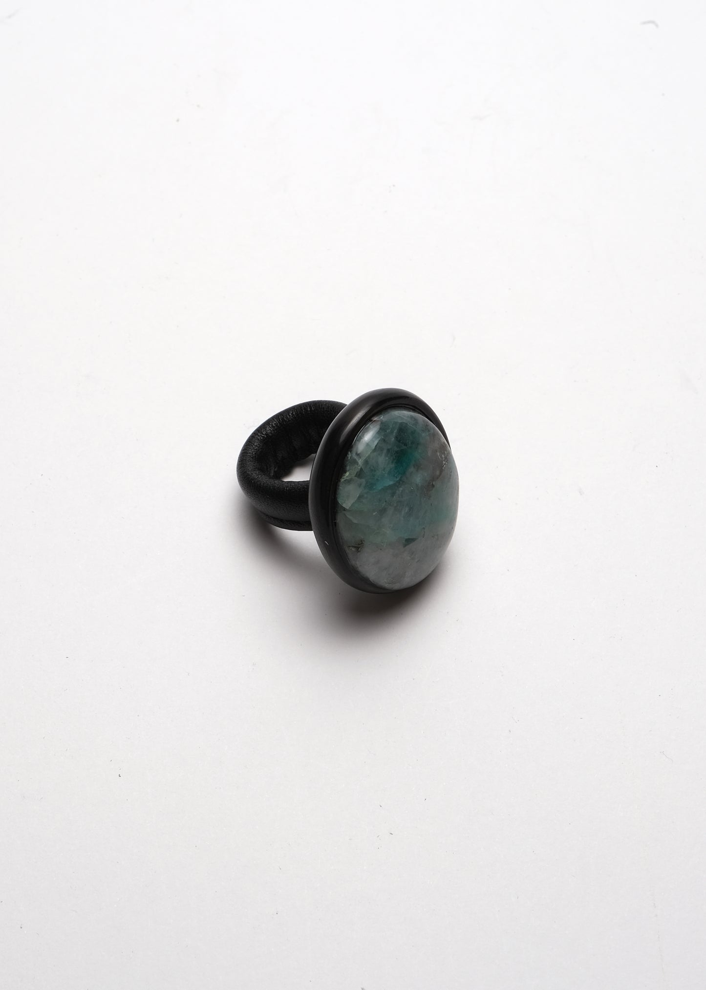 Monies Ring: chrysocolla quartz, horn, leather